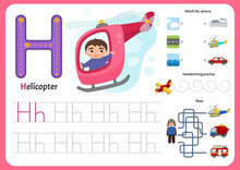 Handwriting Practice Sheet. Basic Writing. Educational Game For Children. Worksheet For Learning Alphabet. Letter H. Illustration Of Cute Boy Is Flying In A Helicopter.
