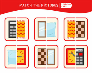 Poster - Matching children educational game. Activity for pre sсhool years kids and toddlers. Match the halves. Illustration of objects in the form of a square.
