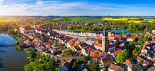 Aerial Landscape Of Small Czech Town Of Telc With Famous Main Square (UNESCO World Heritage Site). Aerial Panorama Of Old Town Telc, Southern Moravia, Czechia. Historic Centre Of Telc, Czech Republic.