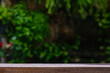 © Bordinthorn - Empty wooden table with green nature leaf background. Display and counter space for put the product on desk.