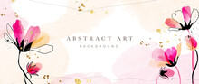 Abstract Art Background Vector. Luxury Minimal Style Wallpaper With Golden Line Art, Flower And Botanical Leaves, Watercolor. Elegant Vector Background For Banner, Poster, Web And Packaging.