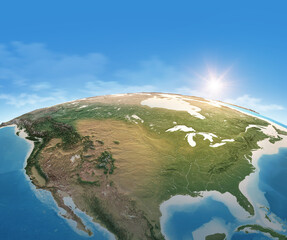 Canvas Print - physical map of planet earth, focused on usa, north america. satellite view, sun shining on the hori