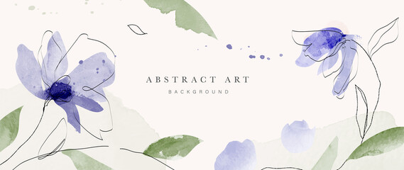 Abstract art background vector. Minimal style wallpaper with line art, flowers, foliage, and botanical leaves, watercolor. Blossom vector background for banner, poster, web and packaging.