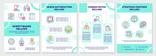 Selling strategies mint brochure template. Trends in marketing. Leaflet design with linear icons. Editable 4 vector layouts for presentation, annual reports. Arial-Black, Myriad Pro-Regular fonts used