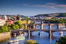 Prague Scenic Spring Sunset Aerial View Of The Old Town Pier Architecture And Charles Bridge Over Vltava River In Prague, Czech Republic