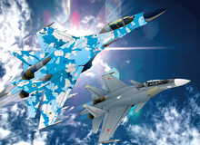 Ukraina Blue Camouflaged SU-27 And Russian Gray SU-30BM Jet Fighters Face Off Illustration, With Strong Sun Shine Background.