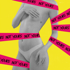 Contemporary art collage. Conceptual image with female body isolated over yellow background. Protecting women's rights