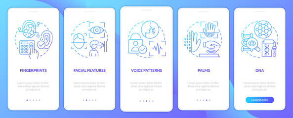 Biometric technology blue gradient onboarding mobile app screen. Digital ID walkthrough 5 steps graphic instructions with linear concepts. UI, UX, GUI template. Myriad Pro-Bold, Regular fonts used