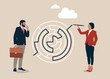 © Vadym - Smart business woman draw the line showing solution to solve labyrinth maze problem. Solution solving business problem, skill and intelligence to overcome difficult, challenge for leadership concept.