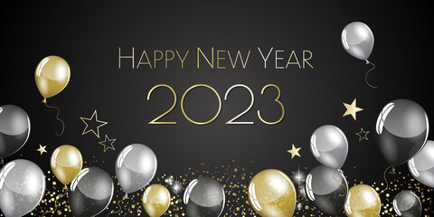 Sticker - happy new year 2023 - Black and gold balloons and stars - party festive design