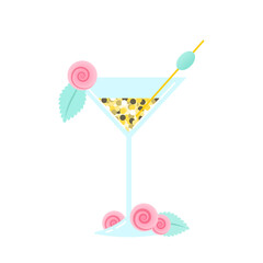 Wall Mural - Cocktail glass icon. Cartoon illustration of a sparkling wine glass decorated with flowers isolated on a white background. Vector 10 EPS.