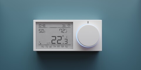 digital thermostat on blue wall. home heating temperature control device close up. 3d render