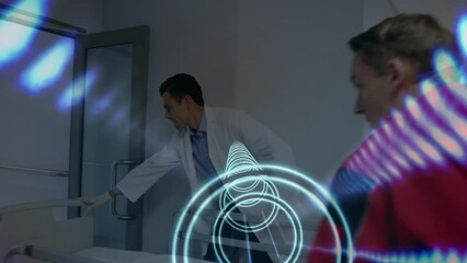 Wall Mural - Animation of circles pulsating over diverse female and male medics pulling bed with patient