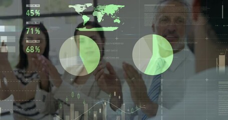 Poster - Animation of graphs over happy diverse businesspeople clapping hands in office