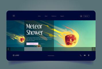 Wall Mural - meteor shower banner with falling fireballs on background of starry sky. vector landing page of aste