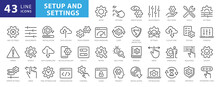 Setup And Settings Icons Set. Collection Of Simple Linear Web Icons Such Installation, Settings, Options, Download, Update, Gears And Others And Others. Editable Vector Stroke