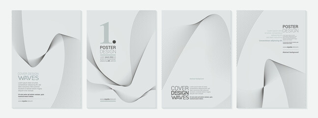 Set of stylish monochrome covers, templates, backgrounds, placards, brochures, banners, flyers, magazines. Striped beige posters, cards etc. Creative minimalistic design - abstract wavy lines