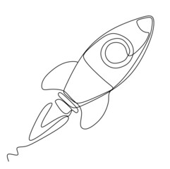 Wall Mural - one continuous line drawing of simple retro spacecraft flying up to the outer space nebula. rocket s