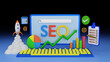 Seo, search engine optimization analysis. Desktop computer with elements related to internet and web positioning analytics. Calendar, growth charts, a to-do list and a rocket taking off. 