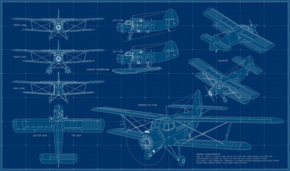 Military and civil aircraft. Biplane of the times of the USSR. Blueprint with projections and isometry. Scale model of an airplane.