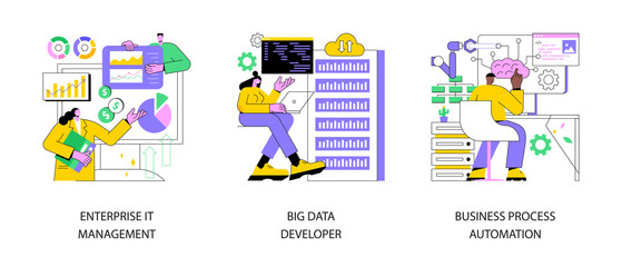 IT software solutions abstract concept vector illustration set. Enterprise IT management, big data developer, business process automation, user interface, software engineering abstract metaphor.