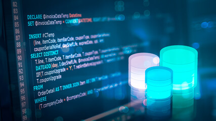 Wall Mural - sql (structured query language) code on computer monitor with database and server room background. e