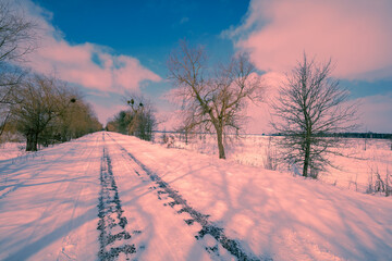 Wall Mural - Country snowy road in winter during sunset