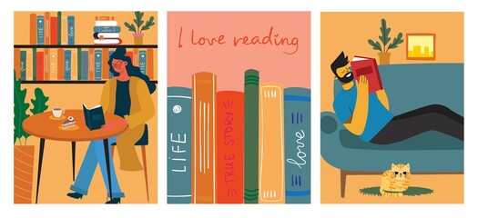 Wall Mural - The concept of reading day. People hold a book in their hands. Human character on the background. Flat design style vector cards.