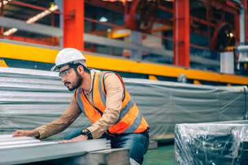 Portrait professional confident Asian man industrial engineer/worker/technician with safety hardhat are check, inspect metal sheet for quality control in production steel manufacture factory plant