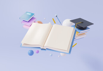 Open book floating on pastel background. Minimal cartoon graduation cap and with reading writing training learning online education concept. banner, 3d rendering illustration