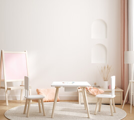 Wall mockup in warm colored girl bedroom, 3D render