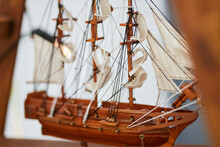 Mock Up Of An Old Ship. Model Of A Warship. Wooden Mock Up Of An Old Ship. Mock Sailboat. Model Of An Old Sailing Ship