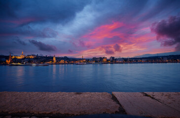 Wall Mural - Danube River at blue hour twilight in city of Budapest, Hungary,