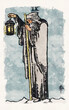 Watercolor Painting Of The Hermit Tarot Card From The Rider-Waite-Smith Traditional Tarot Deck Depicting An Elderly Reclusive Man Holding A Lantern Symbolizing Inner Guidance, Solitude, And Meditation