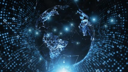 Wall Mural - concept digital technology earth globe rotation with binary data tunnel travel animation.