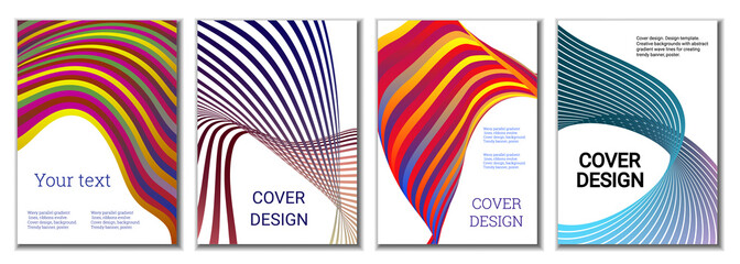 A set of 4 abstract covers. Wavy parallel gradient lines, ribbons evolve. Cover design, background. Trendy banner, poster.