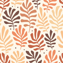 Wall Mural - Seamless pattern with leaves. Hand drawn vector illustration. Bohemian art. Texture for print, textile, fabric, packaging. 
