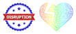 © Tensor Designs - Net mesh heart break framework illustration with spectrum gradient, and bicolor textured Disruption stamp. Red stamp seal contains Disruption title inside blue rosette.
