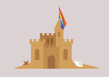 A Sand Castle With A Rainbow Flag, A Sea Shell And A Star, LGBTQ  People Rights