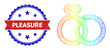 Network wedding rings carcass icon with spectral gradient, and bicolor dirty Pleasure seal stamp. Red stamp includes Pleasure caption inside blue rosette. Colorful carcass network wedding rings icon.