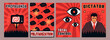 © Pandagolik - A set of placards in red and black style: propaganda, total control, dictator, militarism. Stylized posters.