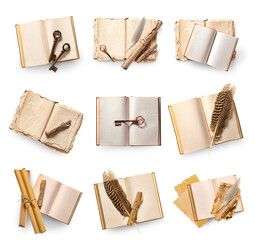 Wall Mural - Set of many old books and scrolls isolated on white, top view