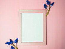 Fresh Purple Flowers With Blank Pink Photo Frame On Pink Background. Mockup For An Idea. Empty Space For Text Or Image