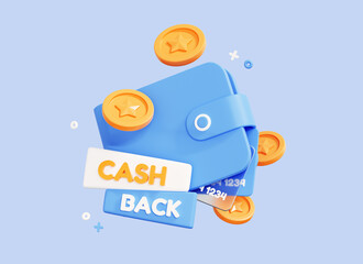 3D Cashback loyalty program concept. Wallet with credit card and coin. Refund money. Online shopping with cash back offer. Purchase Bonus. Creative design web poster for promotion. 3D Rendering