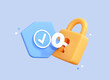 © accogliente - 3D Lock with Key and Protection shield. Cyber security internet and networking concept. Shield shape with padlock. Safety and privacy. Cartoon realistic icon isolated on blue background. 3D Rendering