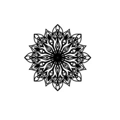 Simple black floral orientation mandala on white background.