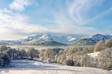 Lake District National Park, Cumbria, England, UK. Winter Landscape. S.W. Over Langdale To Wetherlam Mountain From Loughrigg