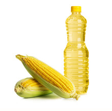 Bottle Of Corn Oil With Corn Ears Isolated On White Background.