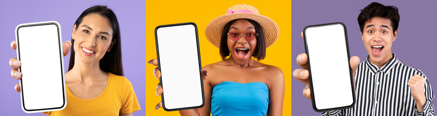 Positive multiracial millennials holding smartphones with white screens