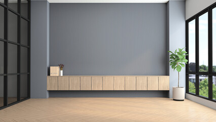 modern empty room with gray slat wall and built-in wooden cabinet. 3d rendering